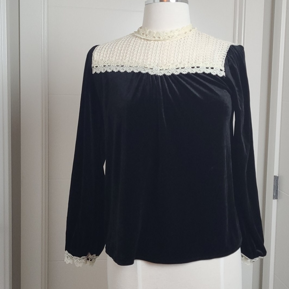 Korea Fashion - Round Neck Lace Trim Velour Blouse